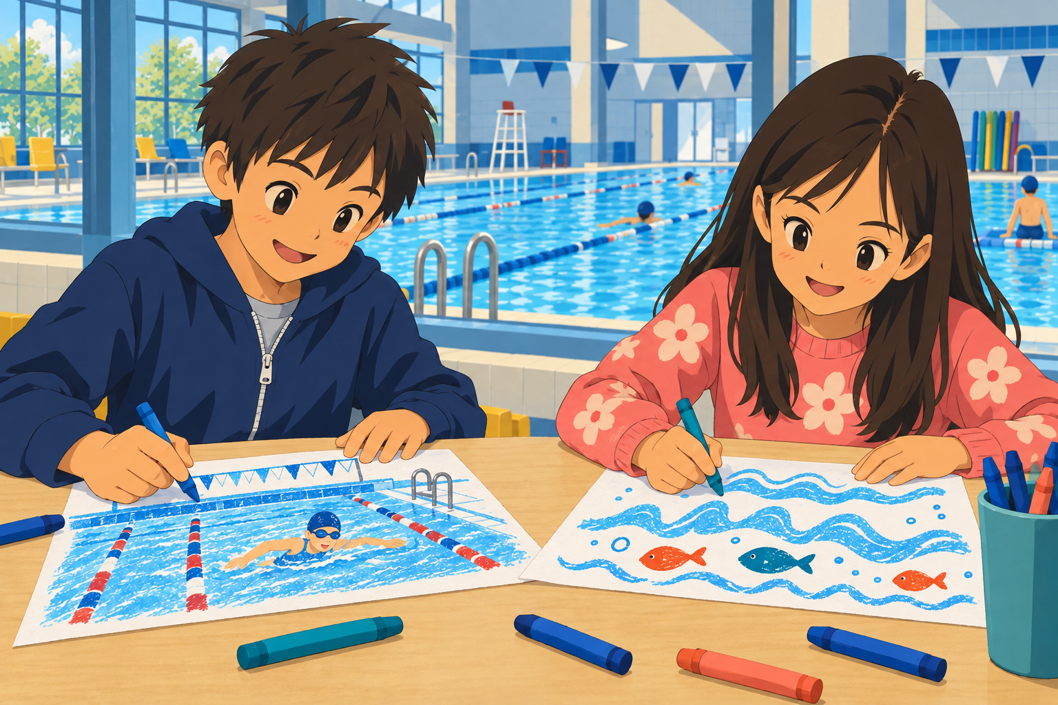 Un bambino e una bambina disegnano scene a tema acqua